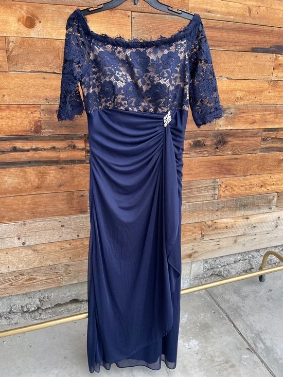 Betsy & Adam Navy Off-Shoulder Lace Evening Gown - Picture 2 of 5